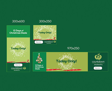 Three green Countdown Woolworths banner ads displaying '12 Days of Christmas Deals' and 'Today Only!' with a festive ribbon and shop now buttons.